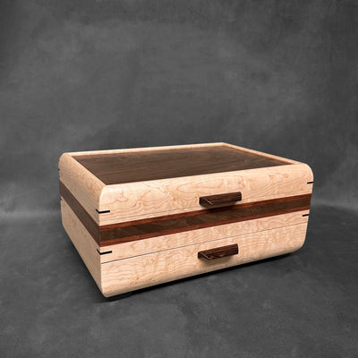 SELECT Sophisticated Jewelry Chest Birdseye Maple with Swirled Walnut Lid Bubinga and Walnut Stripes