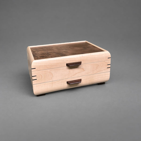 Sophisticated Jewelry Chest curly maple with walnut lid, closed