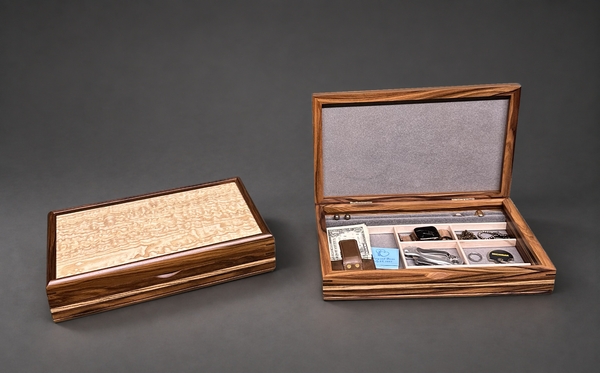 Large Valet Box closed and open showing lined lid, ring rolls, and dividers