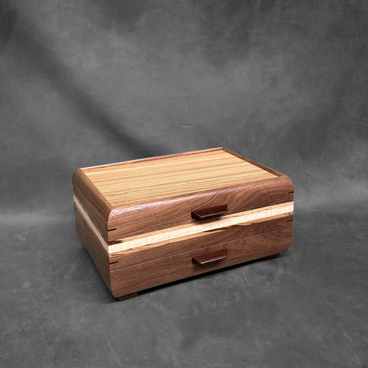 Signature Sophisticated Jewelry Chest Walnut with Zebrawood lid Curly Maple and Zebrawood Stripes