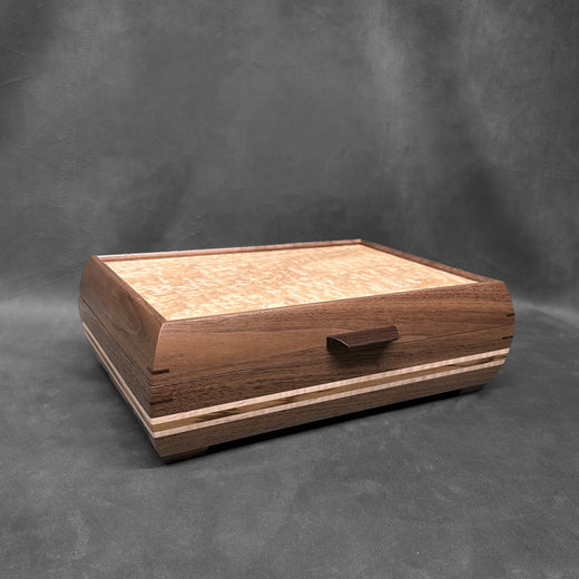 Signature Elegance Jewelry Box Walnut with Tamo Ash Lid Curly Maple and Zebrawood Stripe