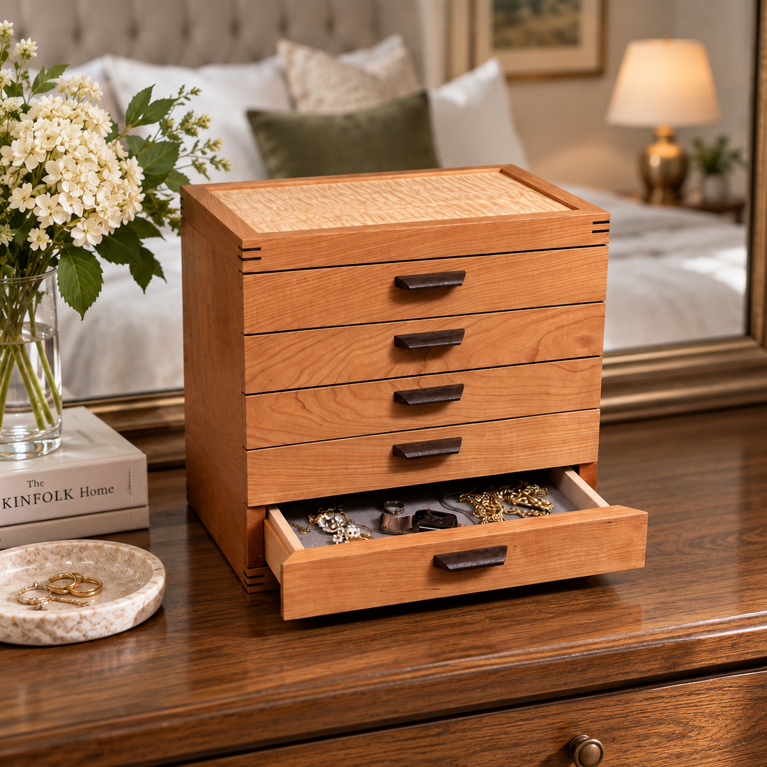 SELECT 5-Drawer Jewelry Chest in Cherry with Curly Maple Lid