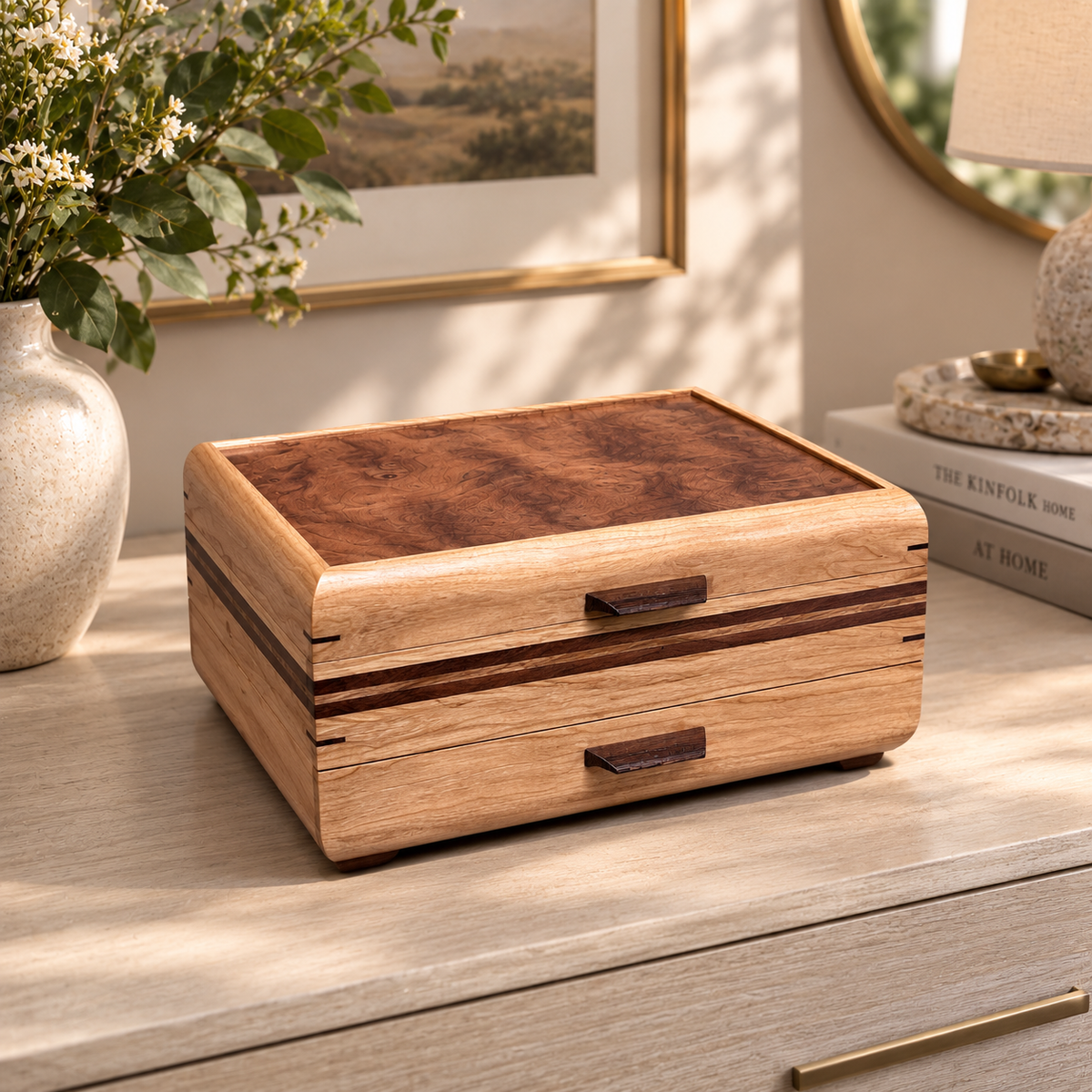 Signature Sophisticated Jewelry Chest Cherry with Walnut lid Zebrawood and Walnut Stripes