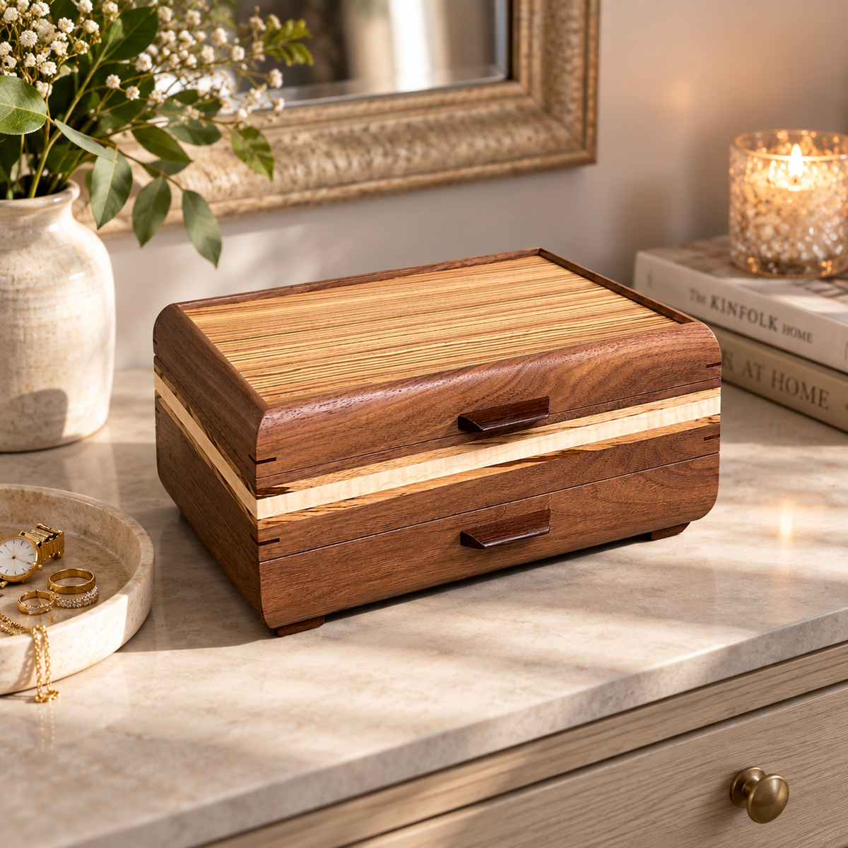 Signature Sophisticated Jewelry Chest Walnut with Zebrawood lid Curly Maple and Zebrawood Stripes
