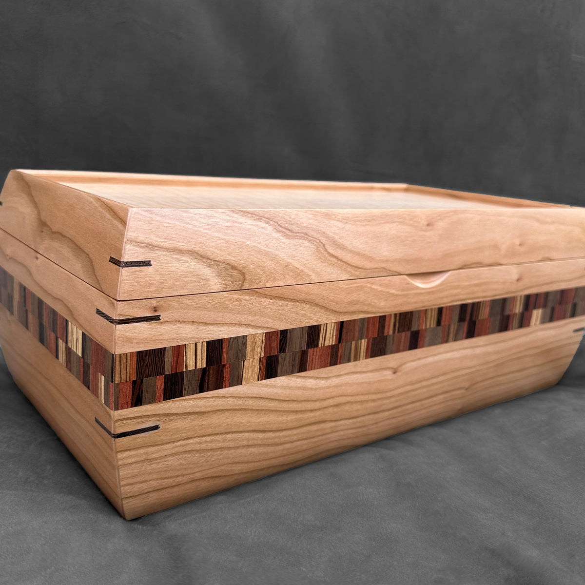 Signature Mini Hope Chest in Cherry with Curly Maple Lid and Double Check Stripe