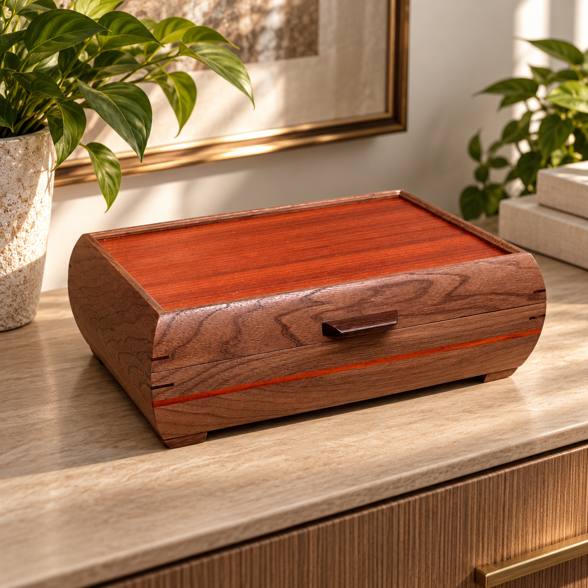 Signature Elegance Jewelry Box Walnut with Padauk Lid and Padauk Stripe