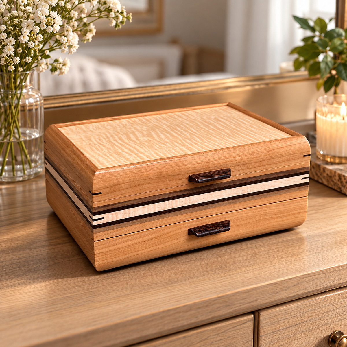 Signature Sophisticated Jewelry Chest Cherry with Curly maple lid Walnut, Wenge and Curly Maple Stripes