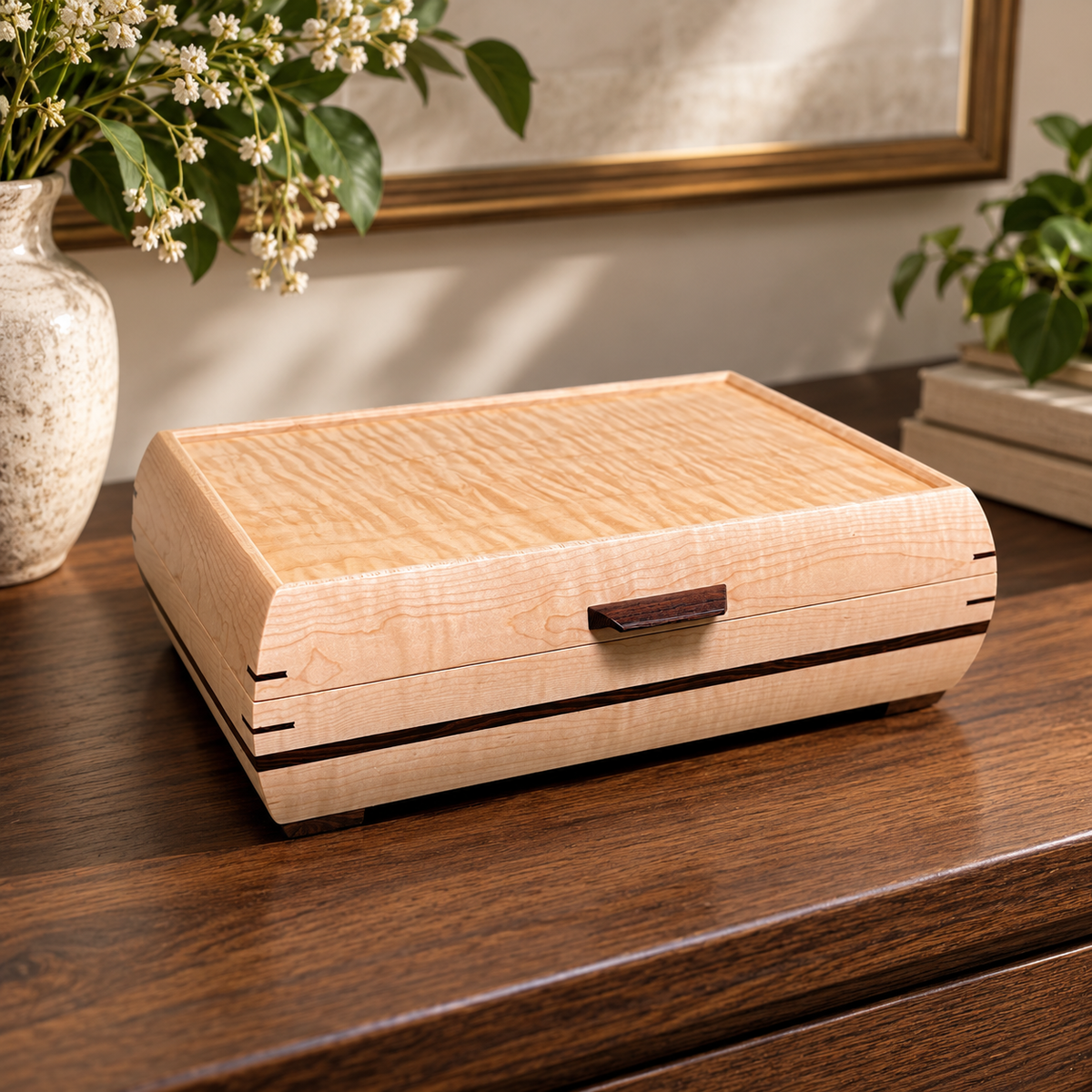 Signature Elegance Jewelry Box Curly Maple with Curly Maple Lid and Wenge Stripe