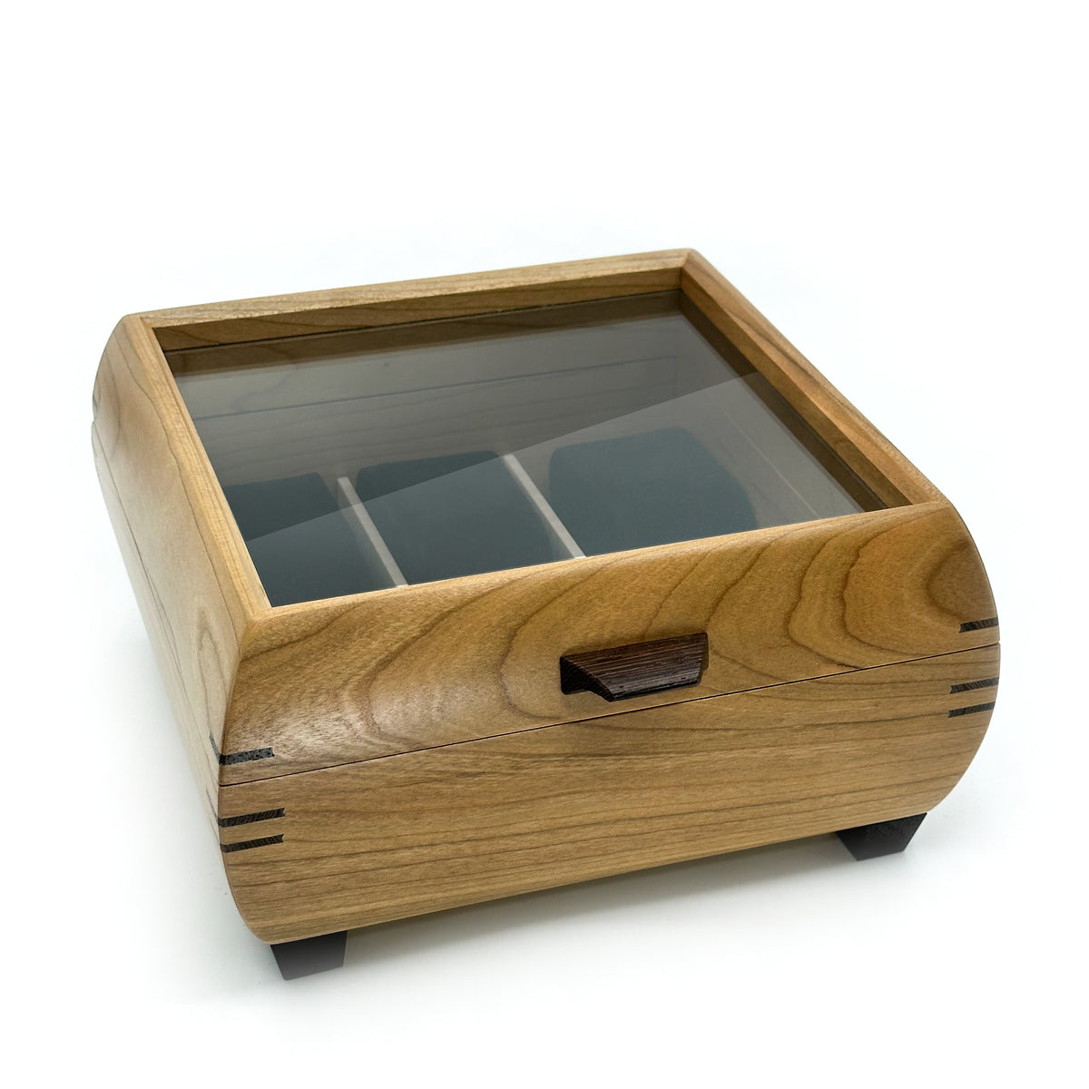 Cherry wooden watch box for 6 watches, closed with glass lid