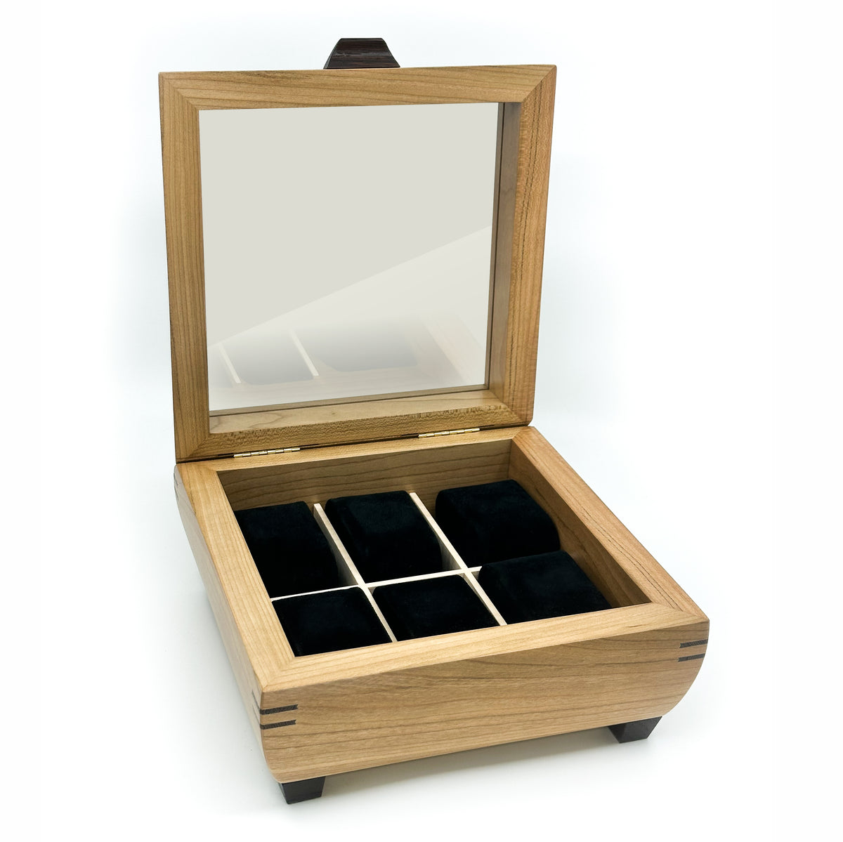 Cherry watch box open, showing six velvet watch cushions