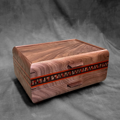 SELECT Sophisticated Jewelry Chest Walnut with Walnut lid and Padauk and Wenge Stripe with Double Check