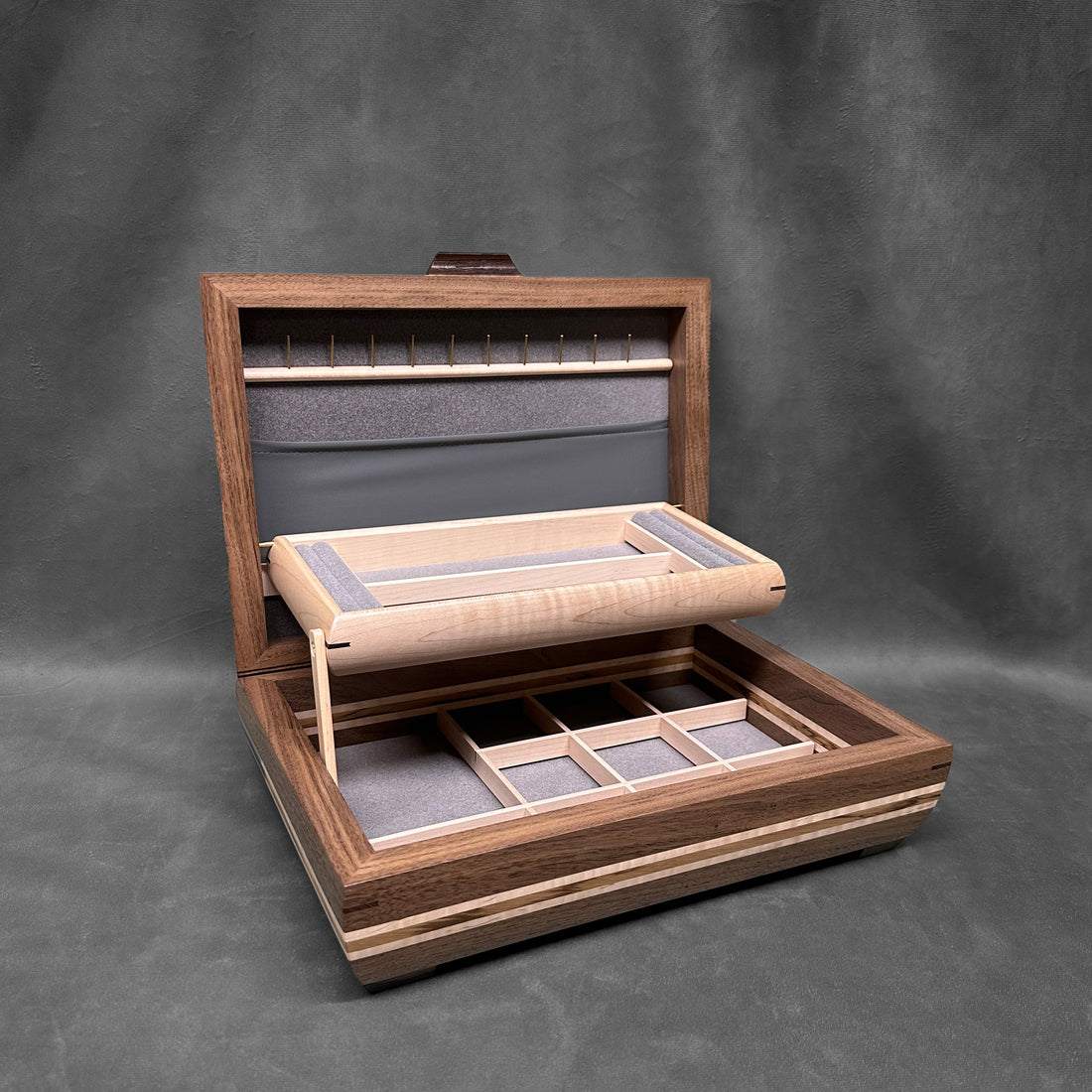 Signature Elegance Jewelry Box Walnut with Tamo Ash Lid Curly Maple and Zebrawood Stripe