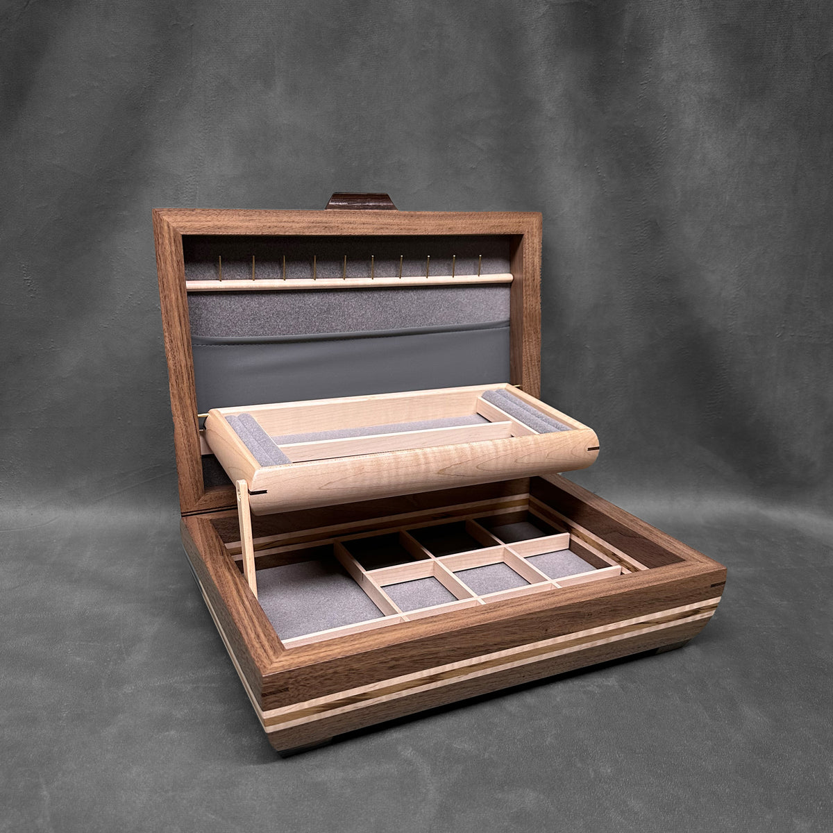 Signature Elegance Jewelry Box Walnut with Tamo Ash Lid Curly Maple and Zebrawood Stripe