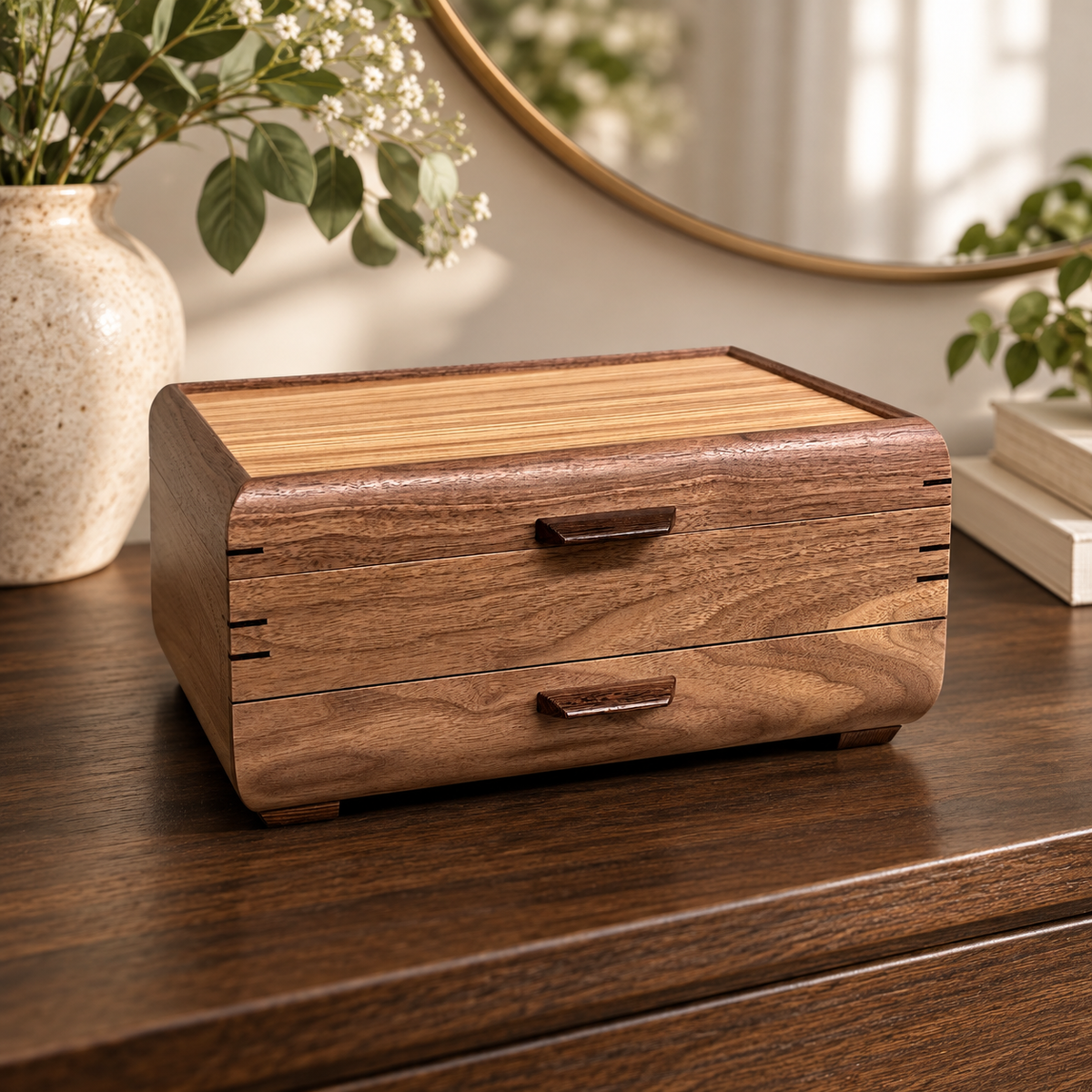 Signature Sophisticated Jewelry Chest Walnut with Zebrawood Lid