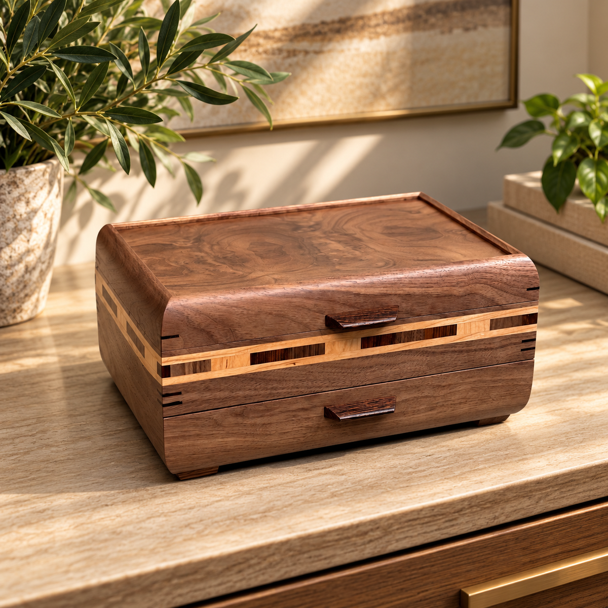 Signature Sophisticated Jewelry Chest Walnut with Walnut Lid Long Check in Cherry, Walnut, Bolivian Rosewood and Cherry Stripes