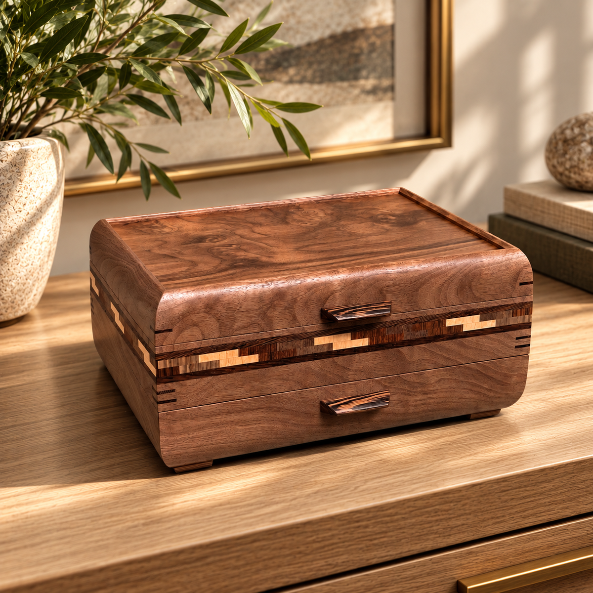 Signature Sophisticated Jewelry Chest Walnut with Walnut Lid Long Double Check in Cherry, Walnut, Bolivian Rosewood and Wenge Stripes