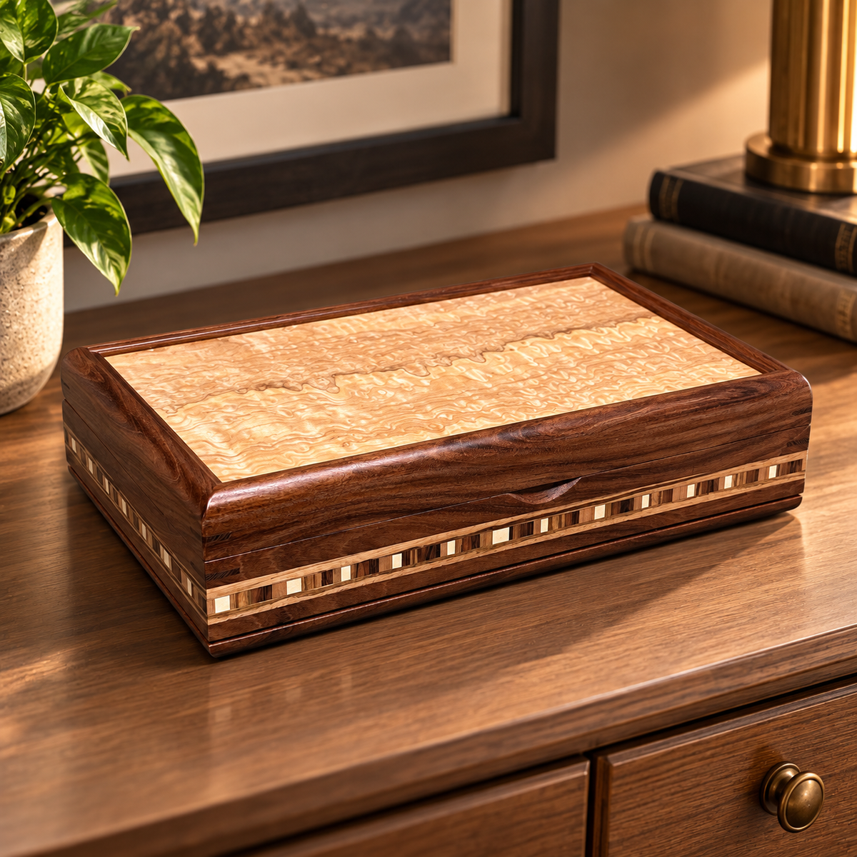 Signature Large Valet Box — Bolivian Rosewood with Tamo Ash lid and Check Inlay