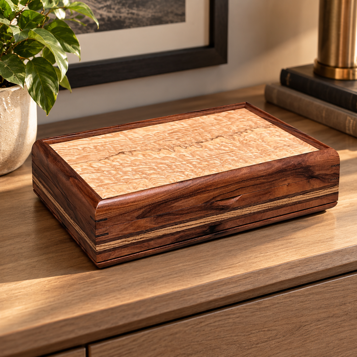 Signature Large Valet Box — Bolivian Rosewood with Tamo Ash lid Wenge and Zebrawood Stripes