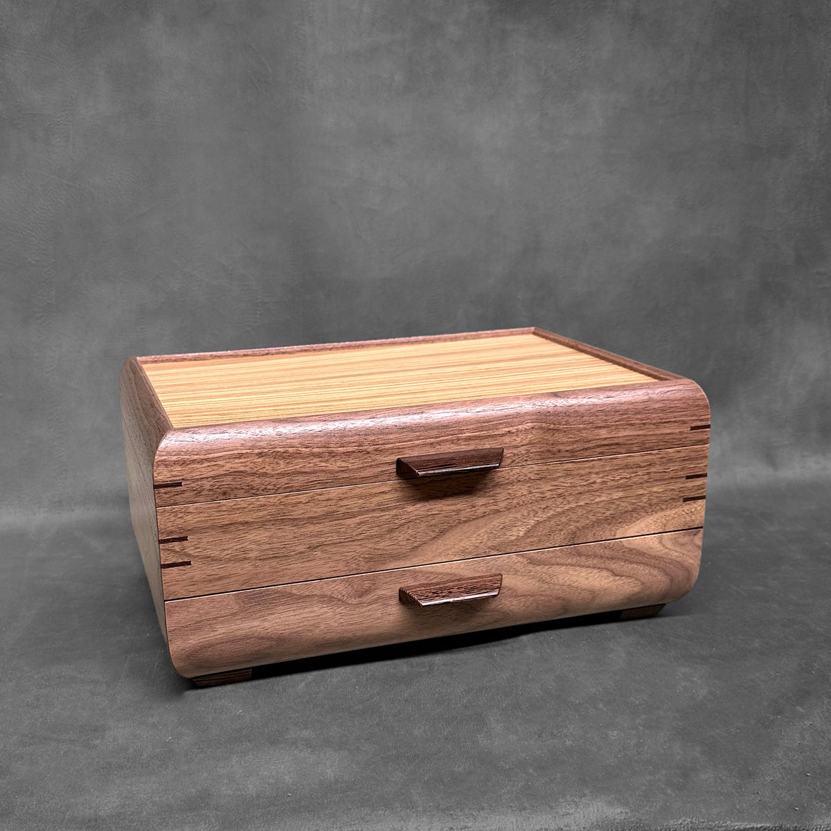 Signature Sophisticated Jewelry Chest Walnut with Zebrawood Lid