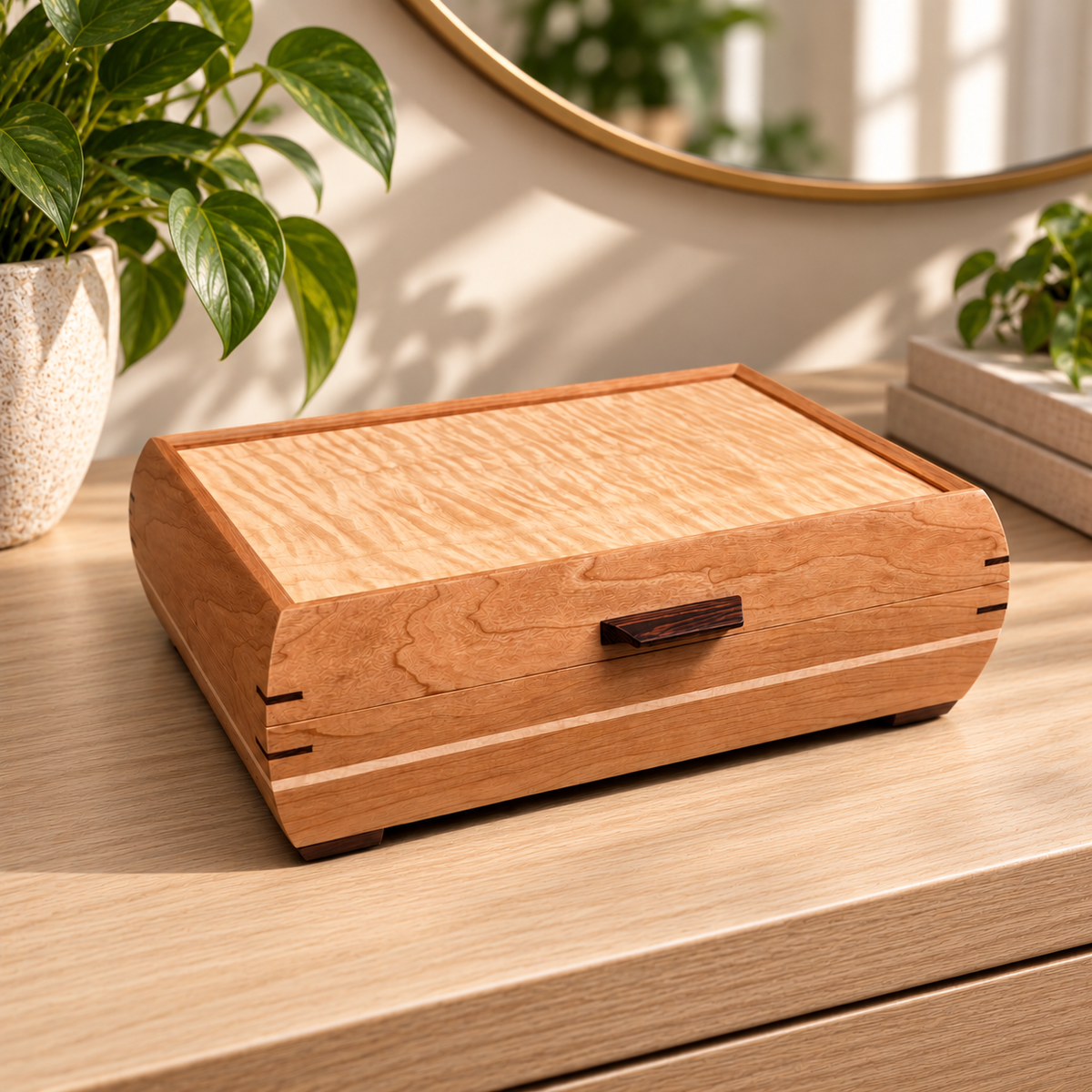 Signature Elegance Jewelry Box Cherry with Curly Maple Lid and Curly Maple Stripe
