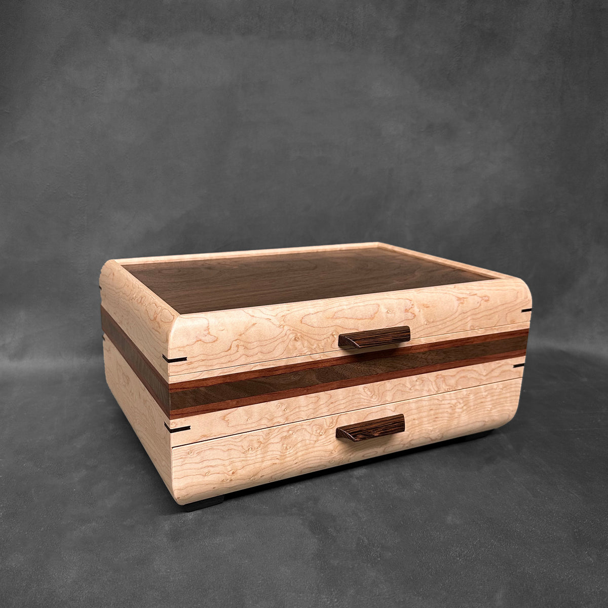 SELECT Sophisticated Jewelry Chest Birdseye Maple with Swirled Walnut Lid Bubinga and Walnut Stripes
