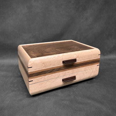 Signature Sophisticated Jewelry Chest Birdseye maple with Walnut Lid Cherry and Walnut Stripes