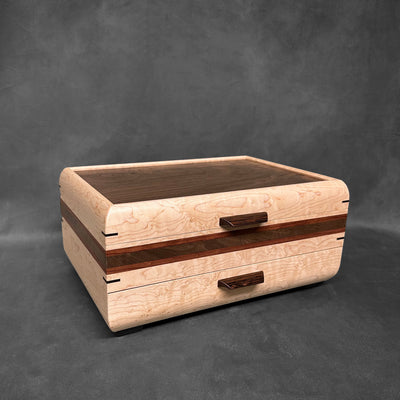 SELECT Sophisticated Jewelry Chest Birdseye Maple with Walnut Lid Bubinga and Walnut Stripes