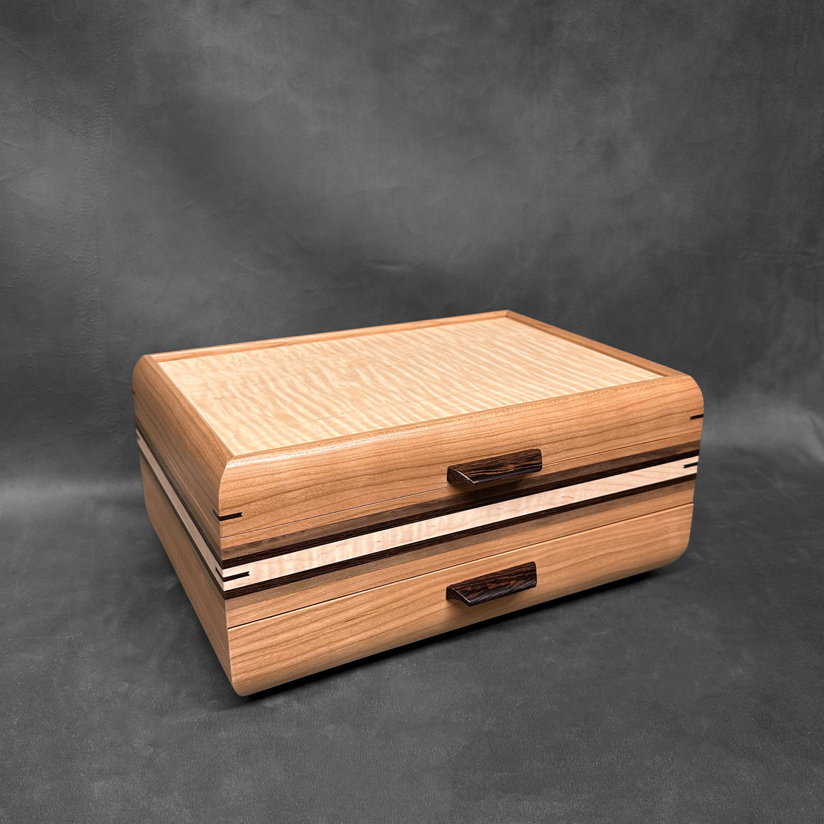 Signature Sophisticated Jewelry Chest Cherry with Curly maple lid Walnut, Wenge and Curly Maple Stripes