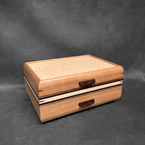 Signature Sophisticated Jewelry Chest Cherry with Curly maple lid Walnut, Wenge and Curly Maple Stripes