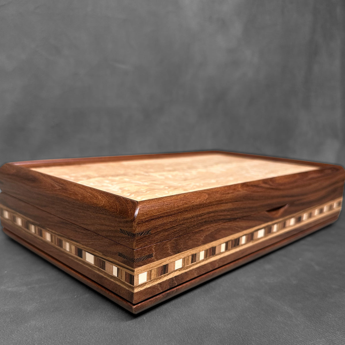Signature Large Valet Box — Bolivian Rosewood with Tamo Ash lid and Check Inlay