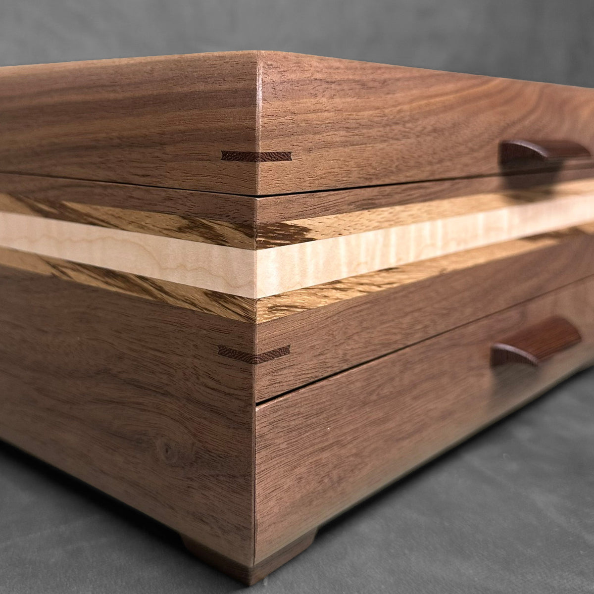 Signature Sophisticated Jewelry Chest Walnut with Zebrawood lid Curly Maple and Zebrawood Stripes