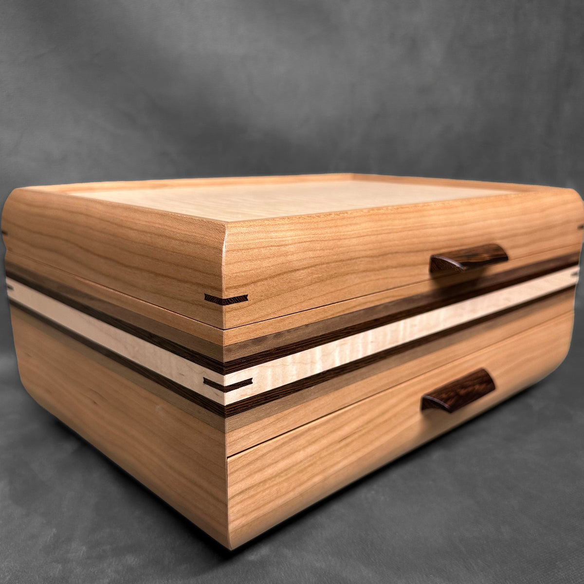 Signature Sophisticated Jewelry Chest Cherry with Curly maple lid Walnut, Wenge and Curly Maple Stripes