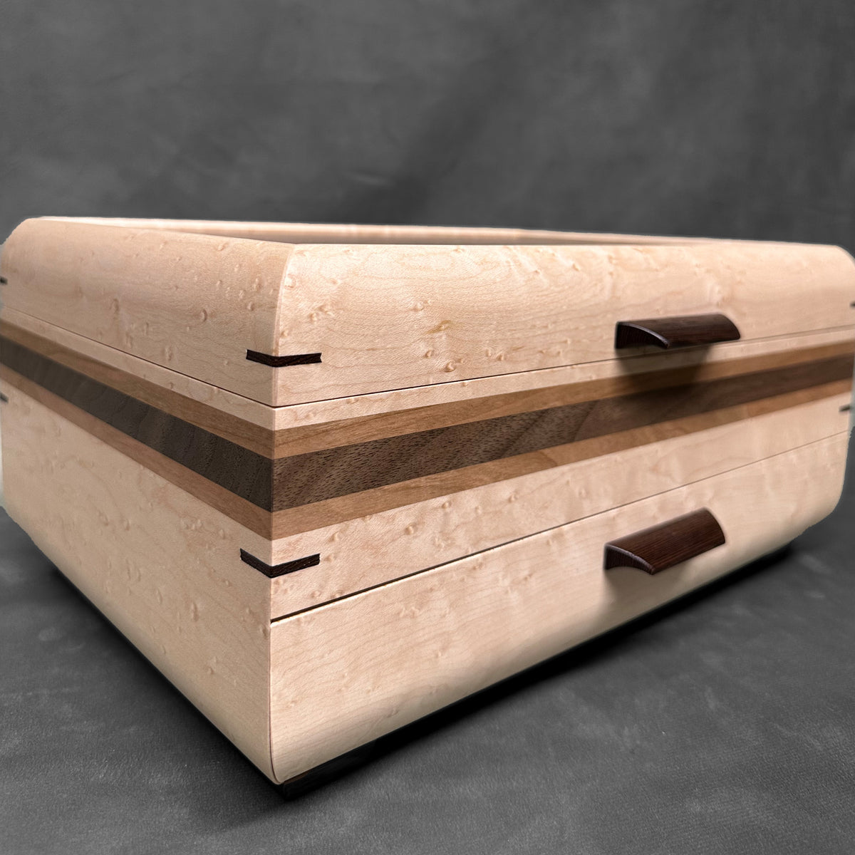 Signature Sophisticated Jewelry Chest Birdseye maple with Walnut Lid Cherry and Walnut Stripes