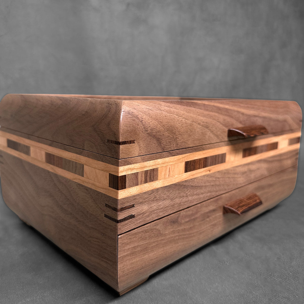 Signature Sophisticated Jewelry Chest Walnut with Walnut Lid Long Check in Cherry, Walnut, Bolivian Rosewood and Cherry Stripes