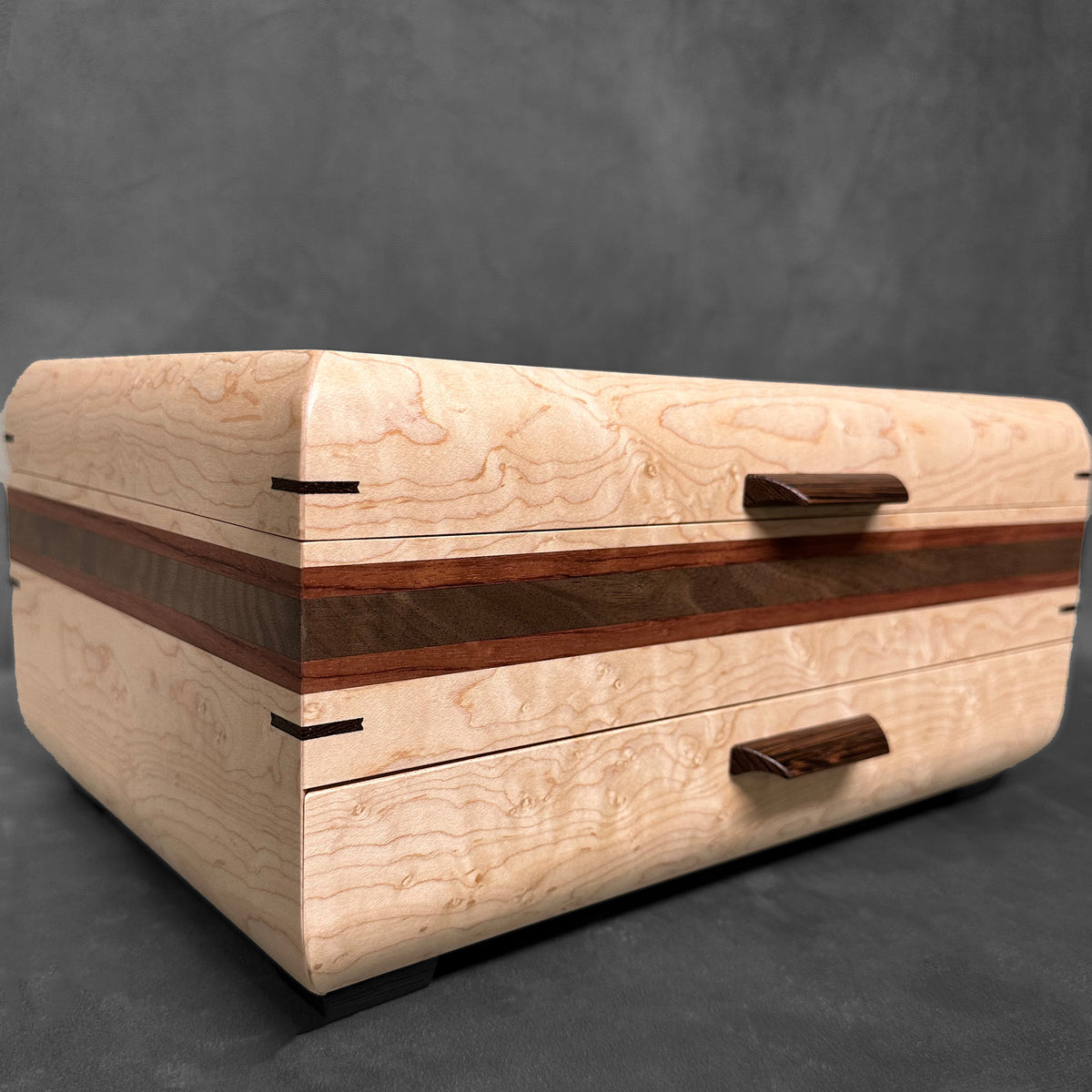 SELECT Sophisticated Jewelry Chest Birdseye Maple with Swirled Walnut Lid Bubinga and Walnut Stripes