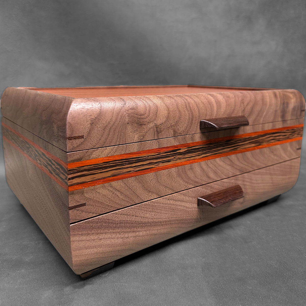 Signature Sophisticated Jewelry Chest Walnut with Padauk Lid Padauk and Wenge Stripes