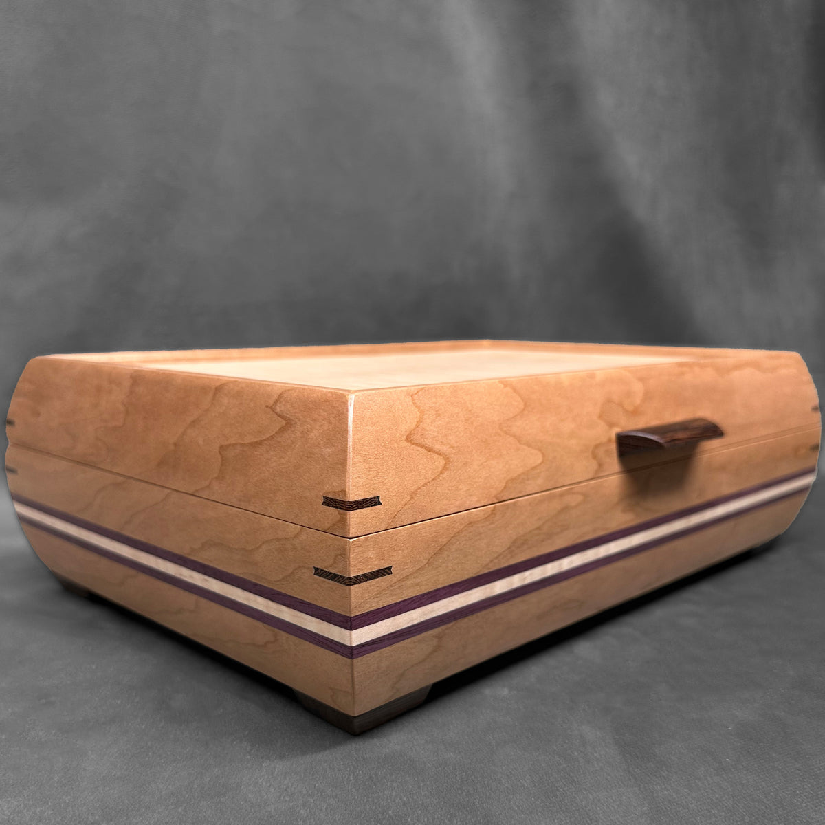 Signature Elegance Jewelry Box Cherry with Curly Maple Lid Purpleheart Curly Maple Stripes
