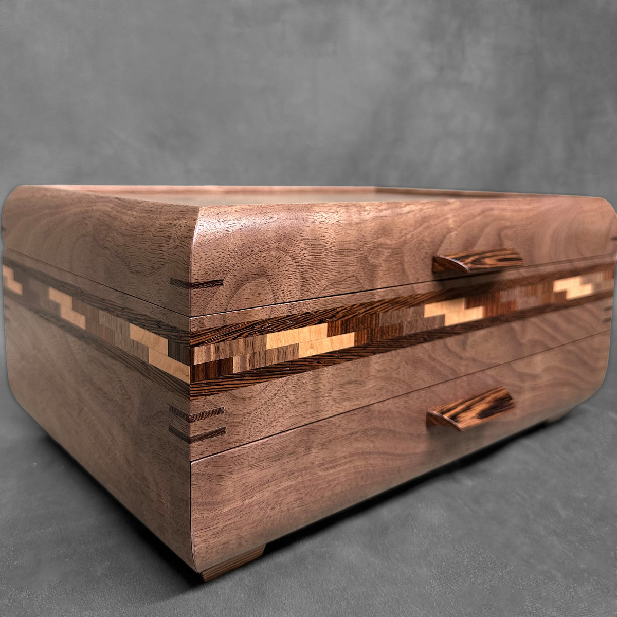Signature Sophisticated Jewelry Chest Walnut with Walnut Lid Long Double Check in Cherry, Walnut, Bolivian Rosewood and Wenge Stripes