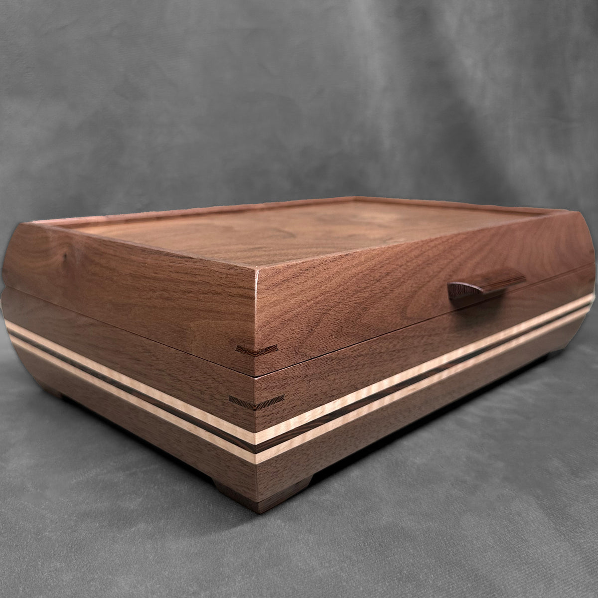 Signature Elegance Jewelry Box Walnut with Walnut Lid Curly Maple with Wenge Stripes