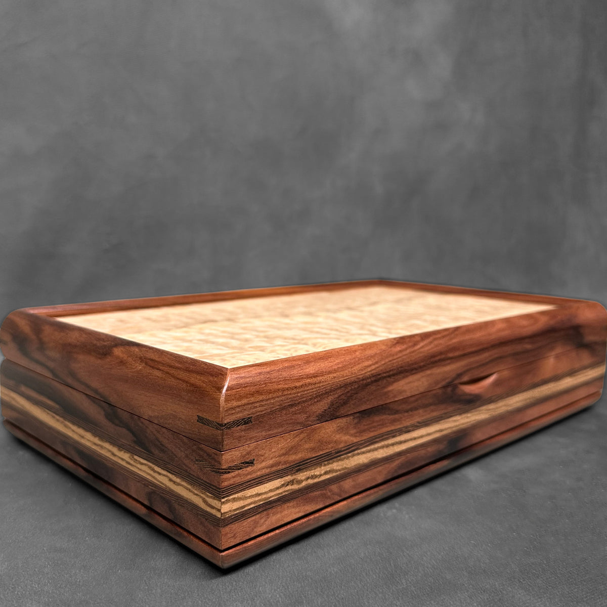 Signature Large Valet Box — Bolivian Rosewood with Tamo Ash lid Wenge and Zebrawood Stripes