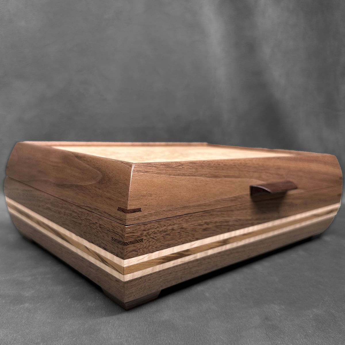 Signature Elegance Jewelry Box Walnut with Tamo Ash Lid Curly Maple and Zebrawood Stripe