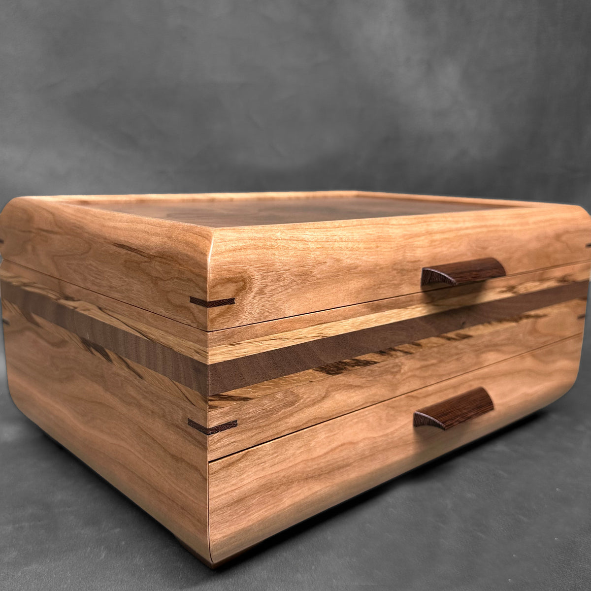 Signature Sophisticated Jewelry Chest Cherry with Walnut lid Zebrawood and Walnut Stripes