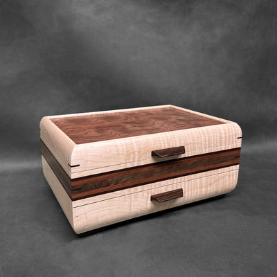 SELECT Sophisticated Jewelry Chest Curly Maple with Bubinga Lid and Wenge, Bubinga and Walnut Stripes
