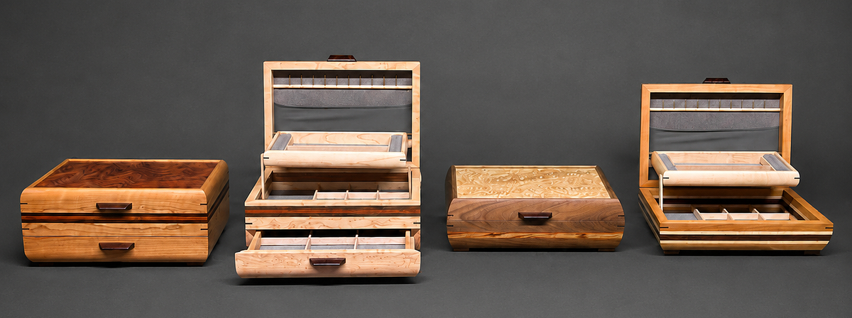 JC-98 Jewelry Chest and JB-08 Elegance Jewelry Box side by side, closed and open