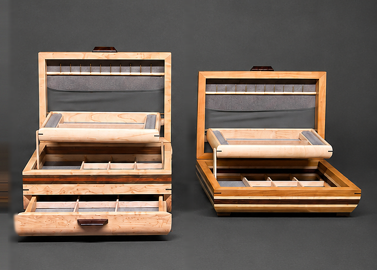JC-98 Jewelry Chest with drawer open next to JB-08 Elegance Jewelry Box, both open