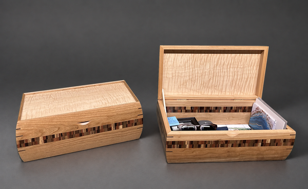 Large Keepsake Chest with checker inlay, closed and open