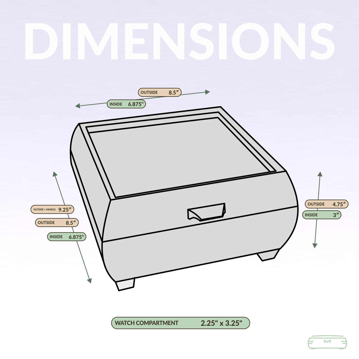 Watch box dimensions: 8.5 x 8.5 x 4.75 inches outside