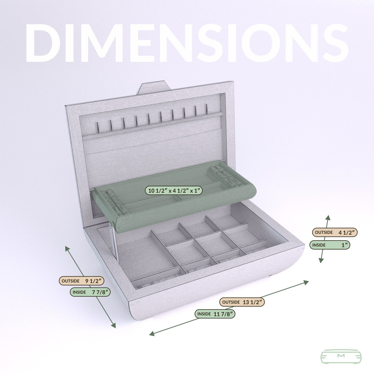 Elegance Jewelry Box dimensions: outside 13 1/2 x 9 1/2 x 4 1/2 inches, with self-rising tray