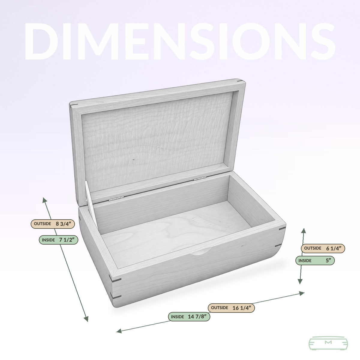 Large keepsake chest dimensions: outside 16 1/4 x 8 3/4 x 6 1/4 inches, inside 14 7/8 x 7 1/2 x 5 inches