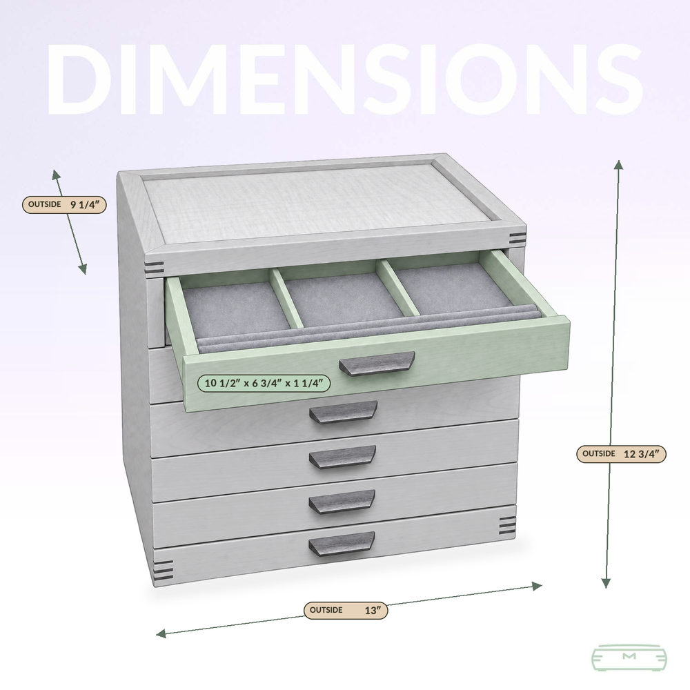 SELECT 5-Drawer Jewelry Chest in Cherry with Curly Maple Lid dimensions diagram